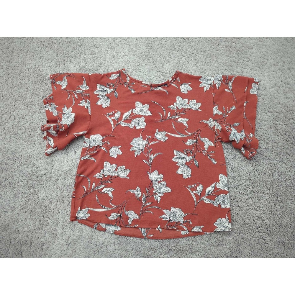 Bobeau‎ Blouse Top Womens Small Rust Floral Tiered Short Sleeve Relaxed Casual